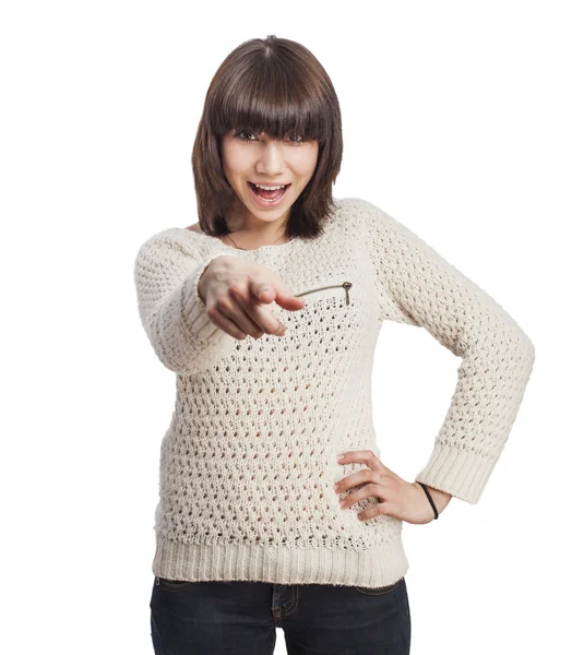 Woman doing point gesture — Stock Photo, Image