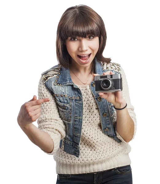 Woman marking camera — Stock Photo, Image