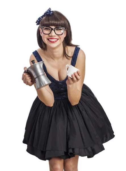 Young beautiful pin up woman serving a coffee with coffee pot — Stock Photo, Image