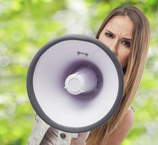 Mulher com megafone — Fotografia de Stock