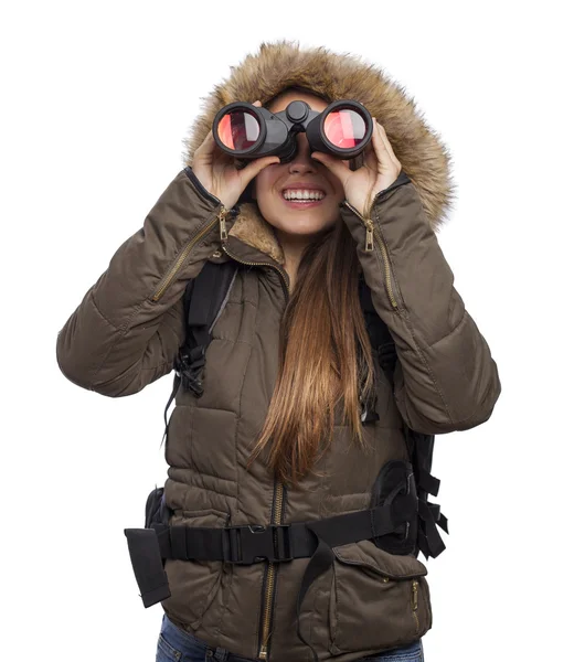 Woman with binoculars — Stock Photo, Image