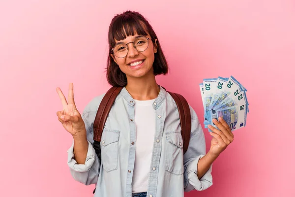 Young Mixed Race Student Woman Holding Bills Isolated Pink Background — Stock Photo, Image