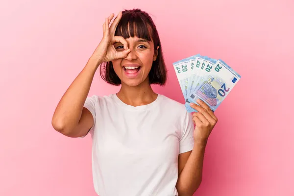 Young Mixed Race Woman Holding Bills Isolated Pink Background Excited — Stock Photo, Image