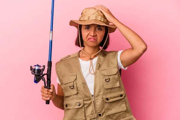 Young Mixed Race Fisherwoman Holding Rod Isolated Pink Background Being — Stock Photo, Image