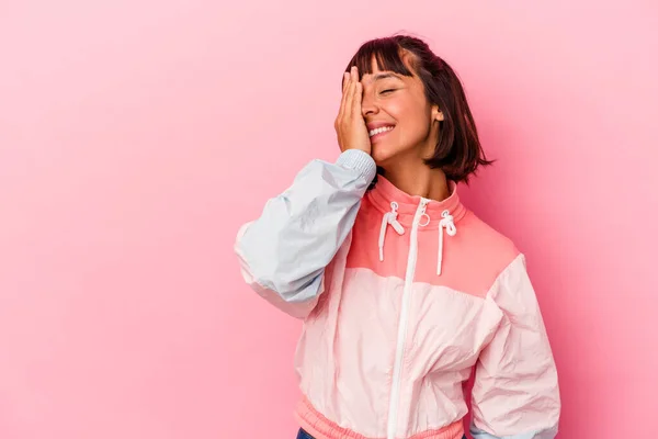 Young Mixed Race Woman Isolated Pink Background Laughing Happy Carefree — Stock Photo, Image