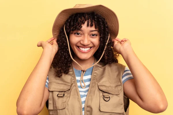 Young Mixed Race Fisherwoman Holding Rod Isolated Yellow Background — Stock Photo, Image