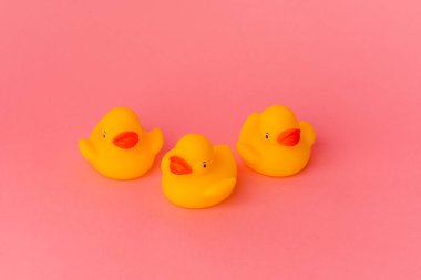 Pembe arka planda izole edilmiş plastik ördekler.