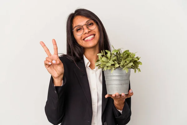 Jonge Business Latijn Vrouw Houden Planten Geïsoleerd Witte Achtergrond Vreugdevol — Stockfoto