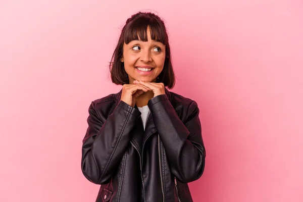 Young Mixed Race Woman Isolated Pink Background Keeps Hands Chin — Stock Photo, Image