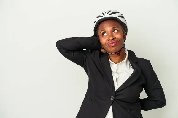 Jovem Empresária Afro Americana Vestindo Capacete Bicicleta Isolado Fundo Branco — Fotografia de Stock