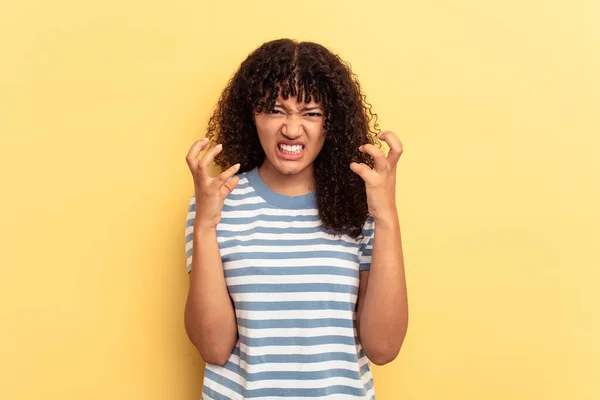 Young Mixed Race Woman Isolated Yellow Background Upset Screaming Tense — Stock Photo, Image