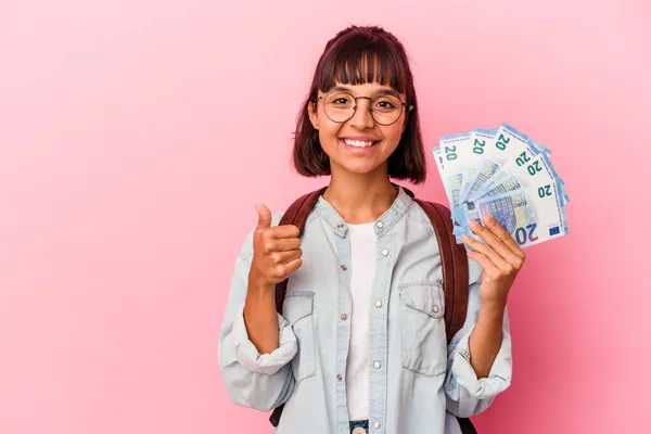 Young Mixed Race Student Woman Holding Bills Isolated Pink Background — Stock Photo, Image