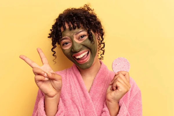 Young Mixed Race Woman Wearing Bathrobe Holding Make Remover Sponge — Stock Photo, Image