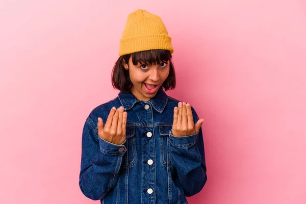 Young Mixed Race Woman Isolated Pink Background Pointing Finger You — Stock Photo, Image