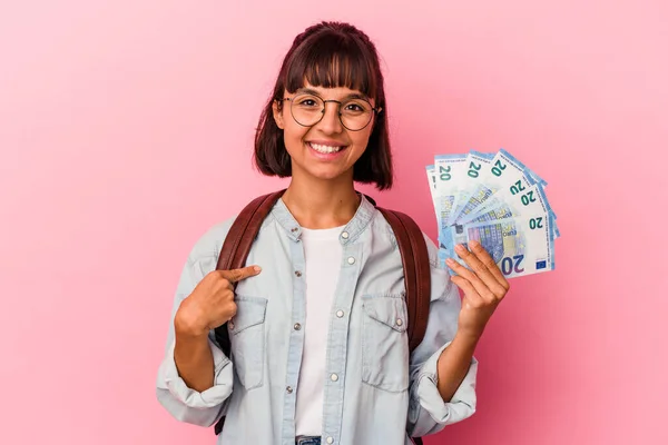 Young Mixed Race Student Woman Holding Bills Isolated Pink Background — Stock Photo, Image