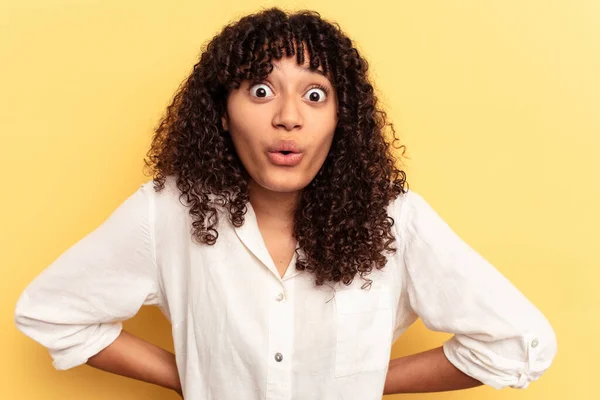 Young Mixed Race Woman Isolated Yellow Background Being Shocked Because — Stock Photo, Image