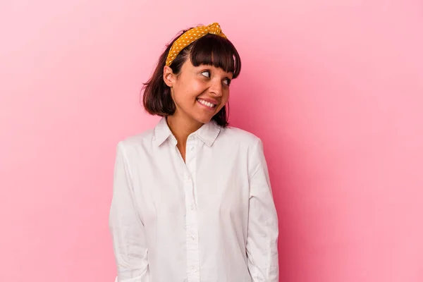 Young Mixed Race Woman Isolated Pink Background Laughs Closes Eyes — Stock Photo, Image