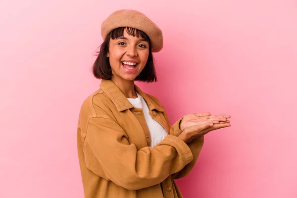 Young Mixed Race Woman Isolated Pink Background Holding Copy Space — Stock Photo, Image