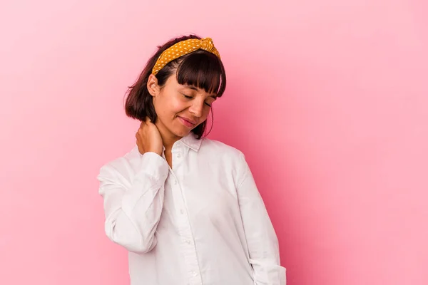 Young Mixed Race Woman Isolated Pink Background Having Neck Pain — Stock Photo, Image
