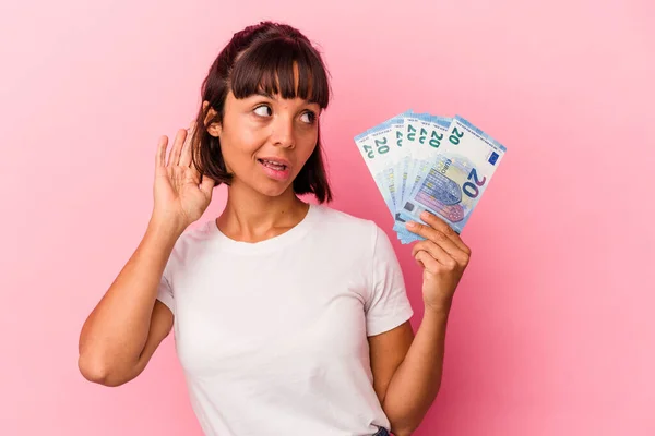 Young Mixed Race Woman Holding Bills Isolated Pink Background Trying — Stock Photo, Image