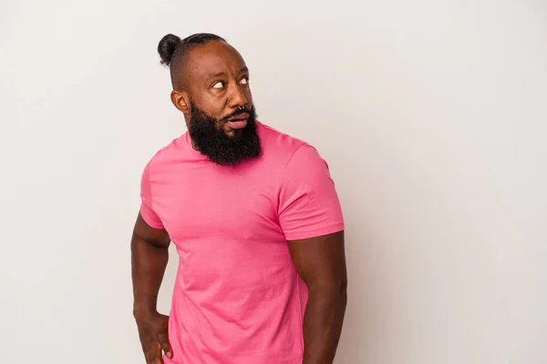 African American Man Beard Isolated Pink Background Looks Aside Smiling — Stock Photo, Image