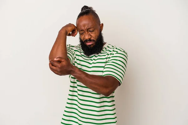 African American Man Beard Isolated Pink Background Massaging Elbow Suffering — Stock Photo, Image