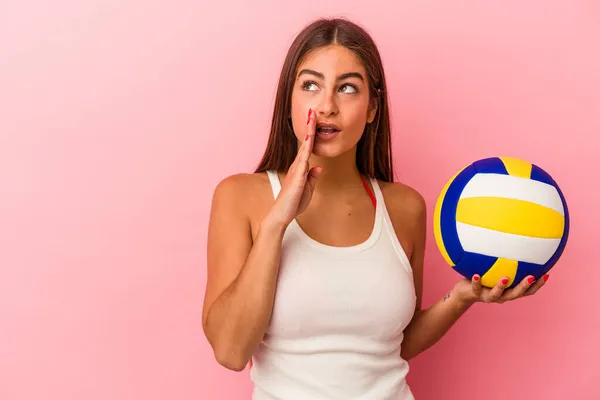 Young Caucasian Woman Holding Volleyball Ball Isolated Pink Background Saying — Stock Photo, Image