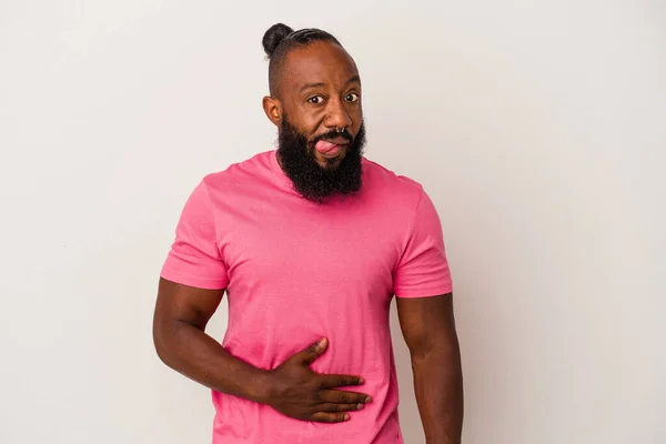 African American Man Beard Isolated Pink Background Touches Tummy Smiles — Stock Photo, Image