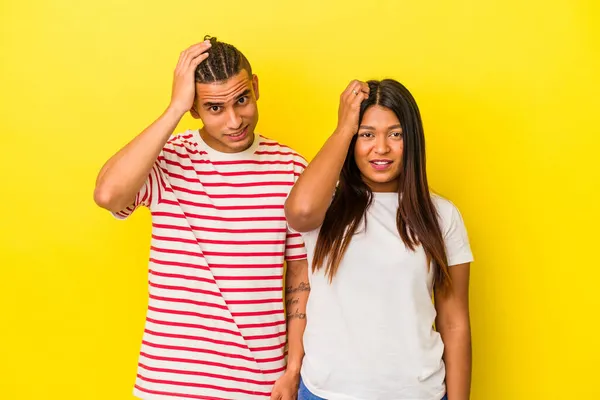 Young Latin Couple Isolated Yellow Background Being Shocked She Has — Stock Photo, Image