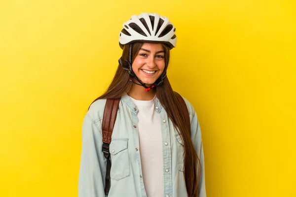 Young Student Caucasian Woman Wearing Bike Helmet Isolated Yellow Background — Stock Photo, Image