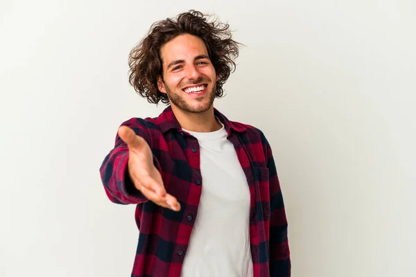 Young Caucasian Man Isolated White Background Stretching Hand Camera Greeting — Stock Photo, Image