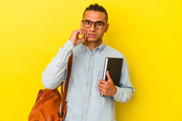 Young Venezuelan Student Man Isolated Yellow Background Fingers Lips Keeping — Stock Photo, Image