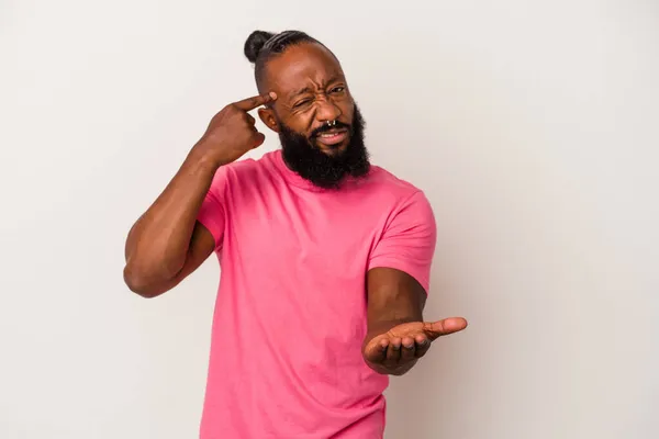 African American Man Beard Isolated Pink Background Holding Showing Product — Stock Photo, Image