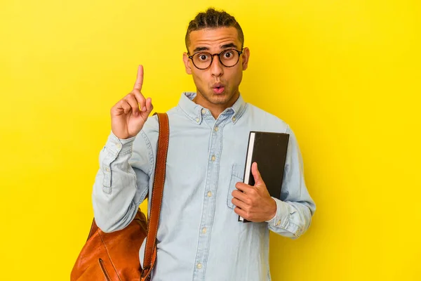 Young Venezuelan Student Man Isolated Yellow Background Having Some Great — Stock Photo, Image