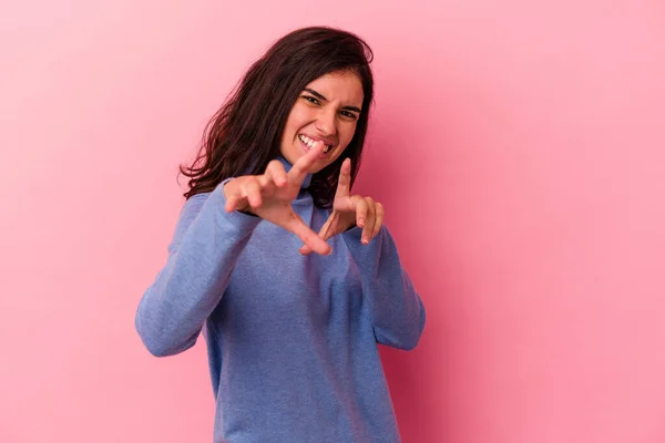 Young Caucasian Woman Isolated Pink Background Showing Claws Imitating Cat — Stock Photo, Image