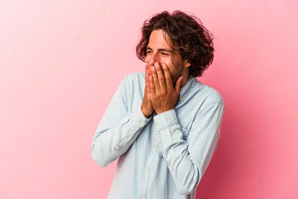 Young Caucasian Man Isolated Pink Bakcground Laughing Something Covering Mouth — Stock Photo, Image