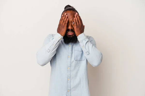 African American Man Beard Isolated Pink Background Having Fun Covering — Stock Photo, Image