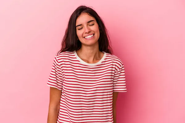 Young Caucasian Woman Isolated Pink Background Laughs Closes Eyes Feels — Stock Photo, Image