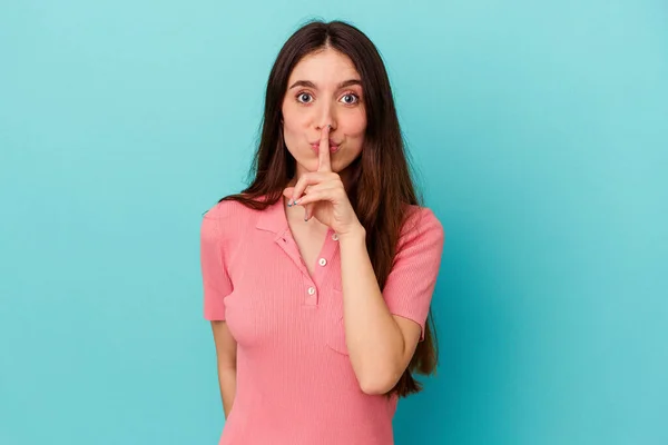 Young Caucasian Woman Isolated Blue Background Keeping Secret Asking Silence — Stock Photo, Image