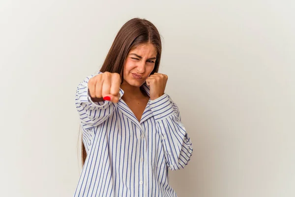 Mujer Caucásica Joven Aislada Sobre Fondo Blanco Pensando Mirando Hacia —  Fotos de Stock