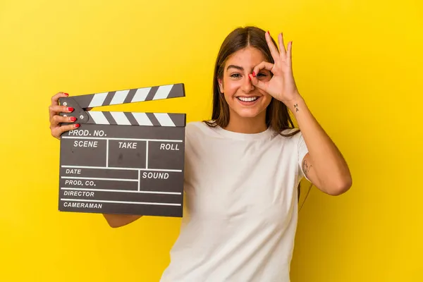 Young Caucasian Woman Holding Clapperboard Isolated White Background Excited Keeping — Stock Photo, Image
