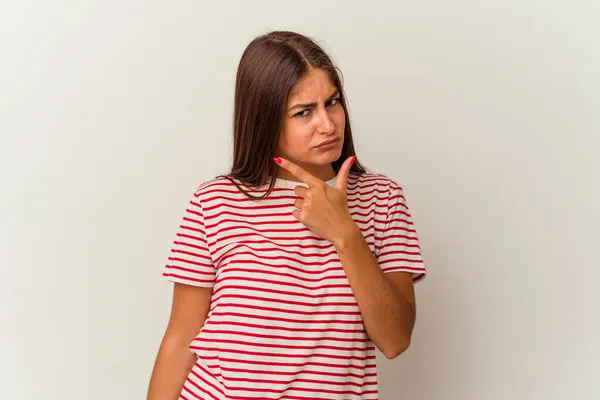 Mulher Branca Jovem Isolado Fundo Branco Com Uma Forte Dor — Fotografia de Stock