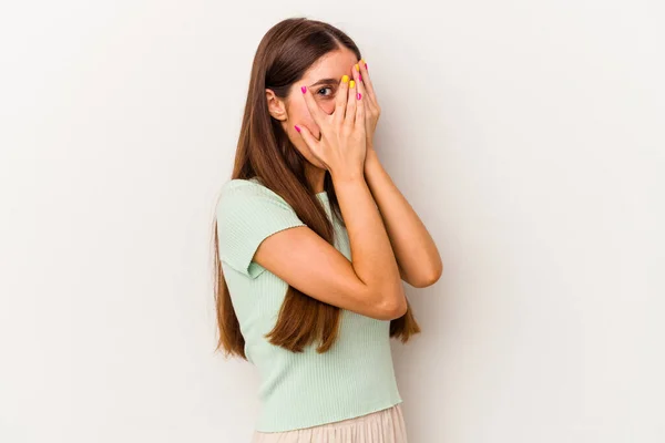 Jonge Blanke Vrouw Geïsoleerd Witte Achtergrond Knipperen Door Vingers Bang — Stockfoto