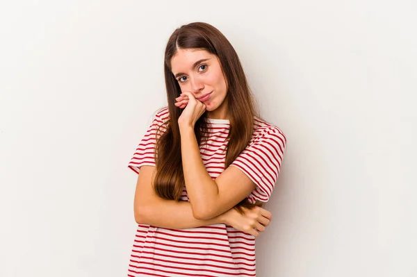 Giovane Donna Caucasica Isolata Sfondo Bianco Stanca Compito Ripetitivo — Foto Stock