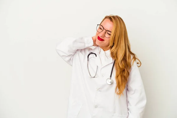 Blanke Arts Vrouw Geïsoleerd Witte Achtergrond Aanraken Achterkant Van Het — Stockfoto