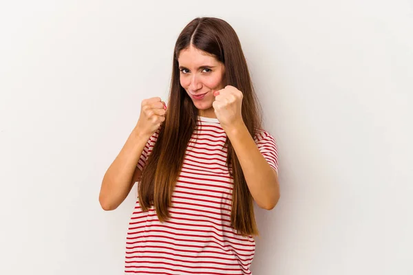 Mujer Joven Caucásica Aislada Sobre Fondo Blanco Mostrando Puño Cámara — Foto de Stock