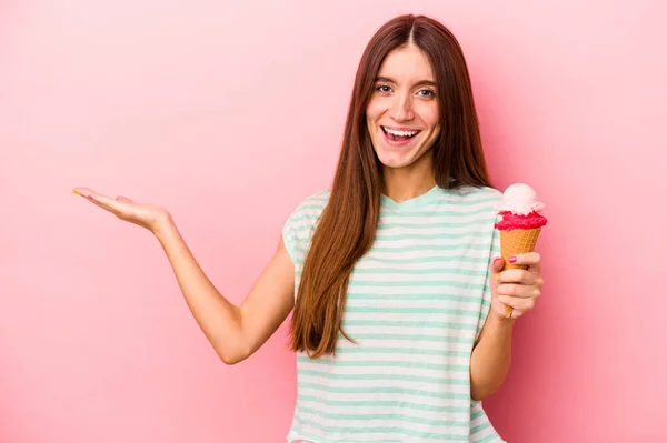 Young Caucasian Woman Holding Ice Cream Isolated Pink Background Showing — Stock Photo, Image