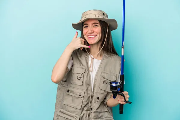 Young Caucasian Fisherwoman Isolated Blue Background Showing Mobile Phone Call — Stock Photo, Image