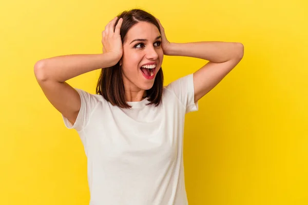 Young Caucasian Woman Isolated Yellow Background Screaming Very Excited Passionate — Stock Photo, Image