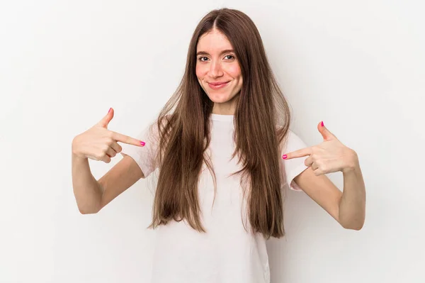 Mulher Branca Jovem Isolado Fundo Branco Pessoa Apontando Mão Para — Fotografia de Stock